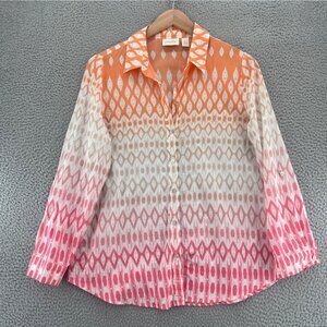 Chicos Shirt Womens 2 US Large Coral Gradient Ikat Button Up Roll Tab Sleeves